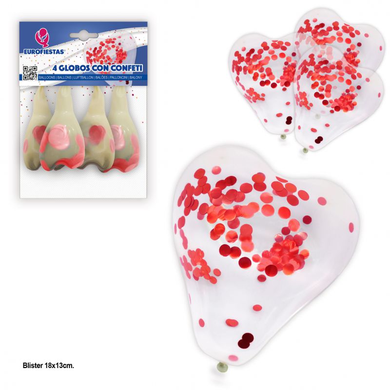 globos corazon *4 con confeti metalizado rojo