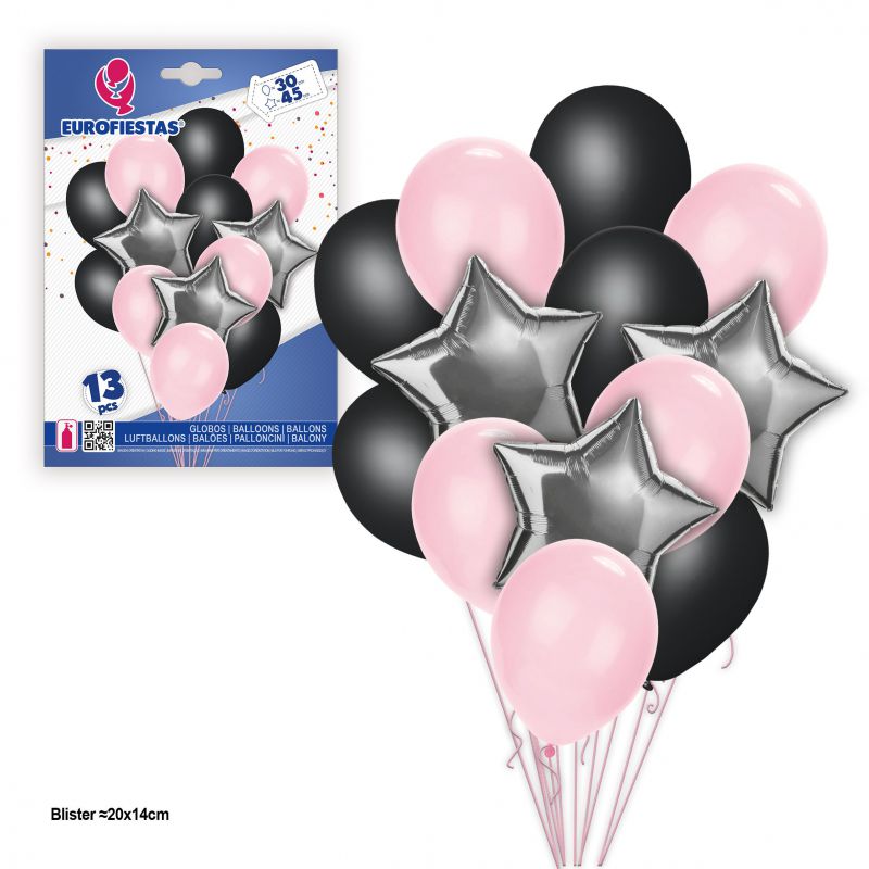 set globos foil *13  rosa-estrellas plata