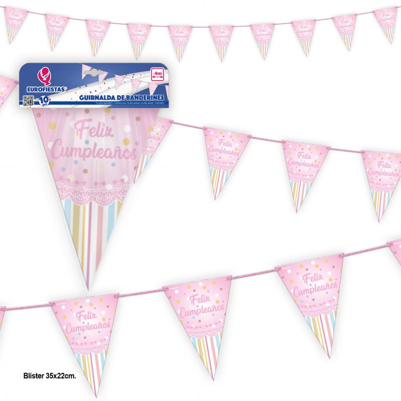 guirnalda banderines coleccion lunares rosa feliz cumpleaños
