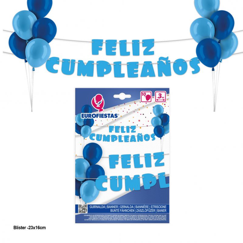 guirnalda feliz cumpleaños azul con globos