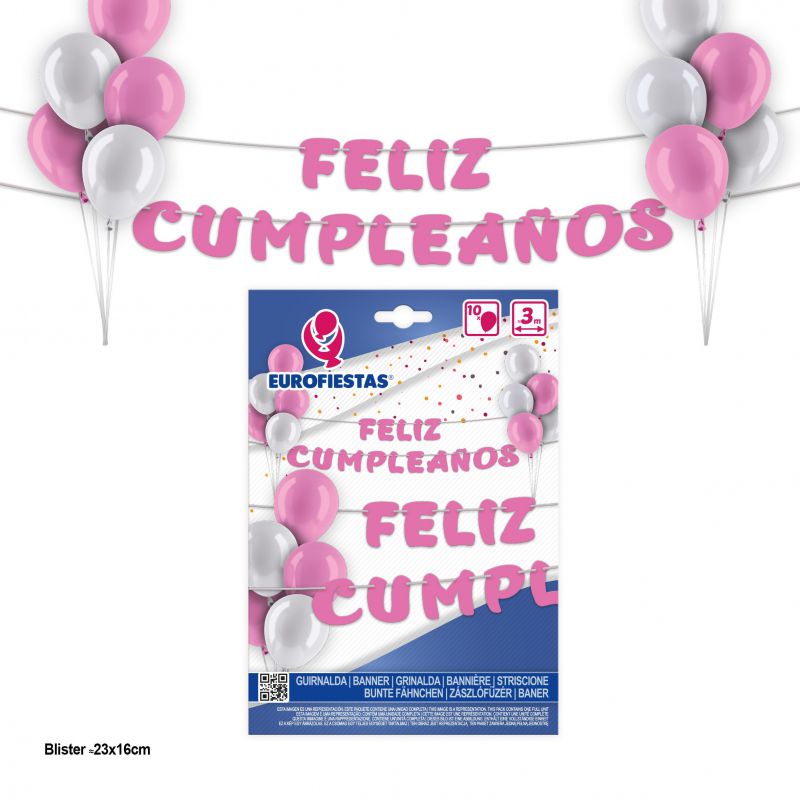 guirnalda feliz cumpleaños rosa con globos