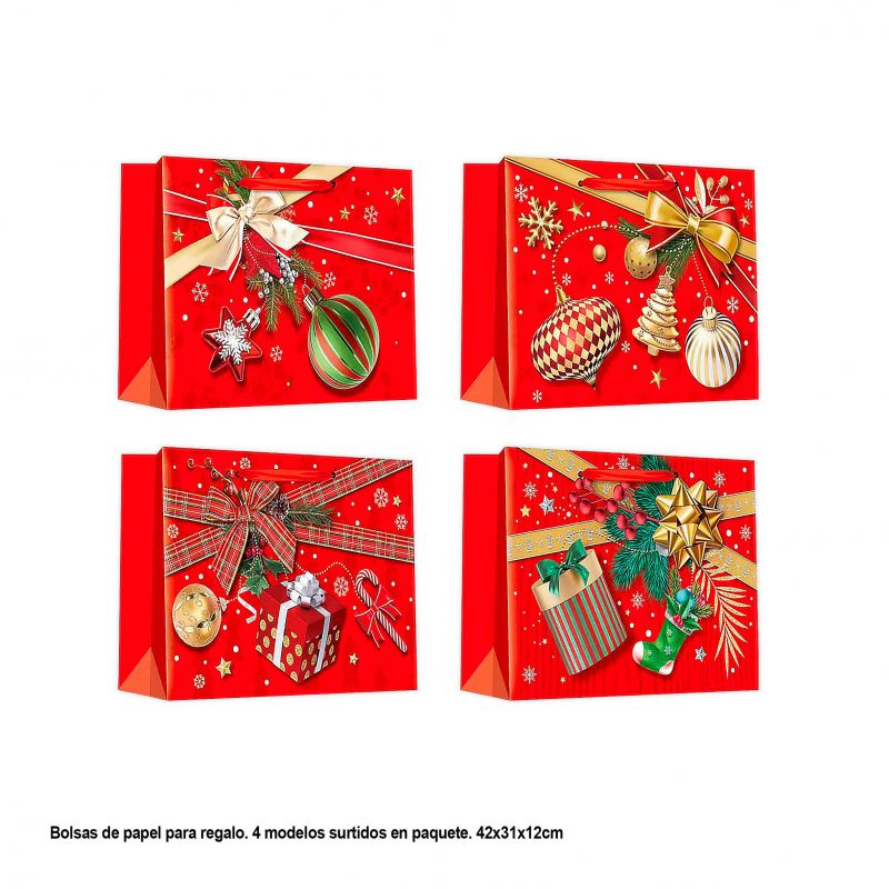 bolsa horizontal regalo navidad rojas y oro 42x31x12cm 4ms gr