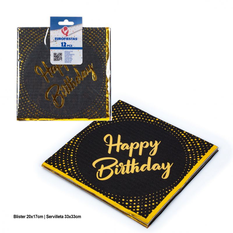 servilletas negro y oro col happy birthday dots