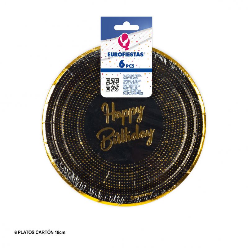 plato negro y oro col happy birthday dots