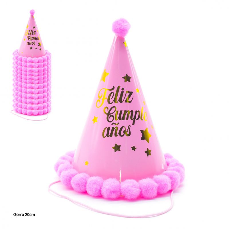 gorro feliz cumpleaños estrellas pompones rosa