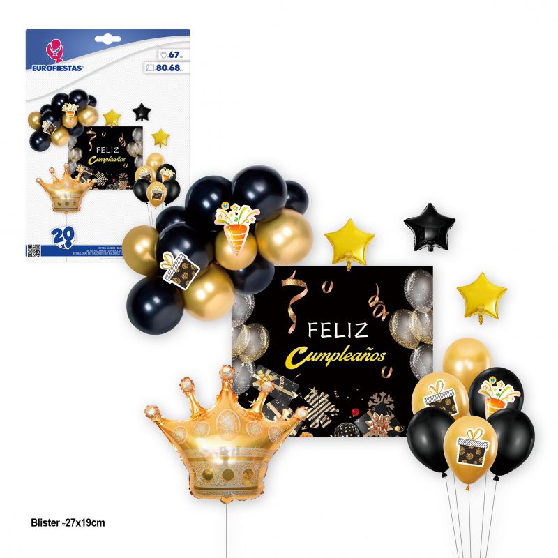 set 20 globos feliz cumple corona oro y negro con cartel 80x68cm