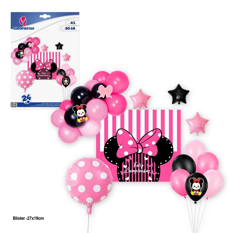 set 24 globos feliz cumple ratoncita rosa y negro con cartel 80x68cm