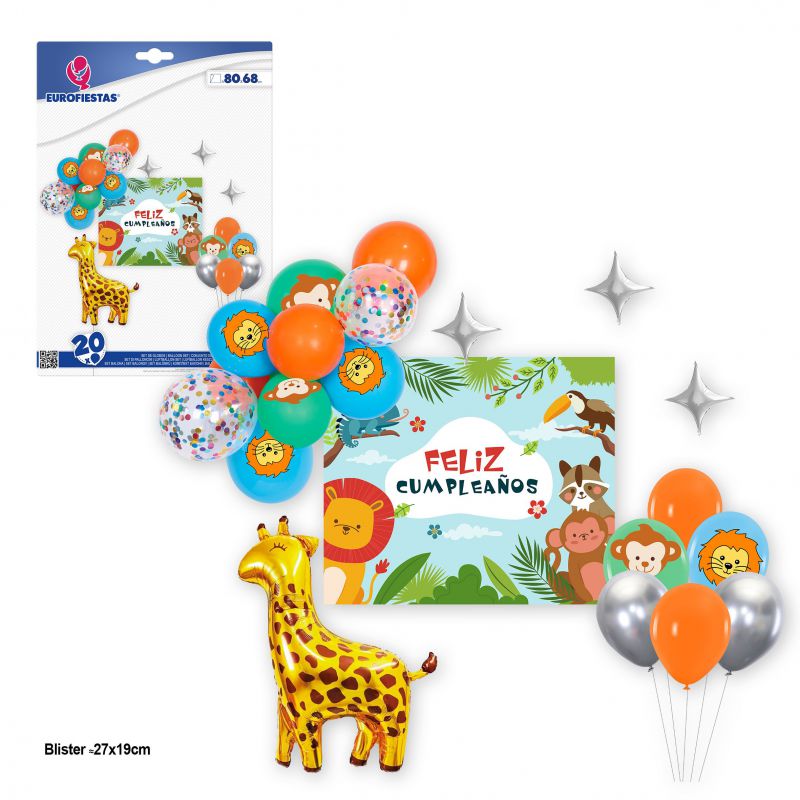 set 20 globos feliz cumple animales jirafa con cartel 80x68cm