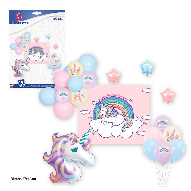 set 21 globos feliz cumple unicornios con cartel 80x68cm