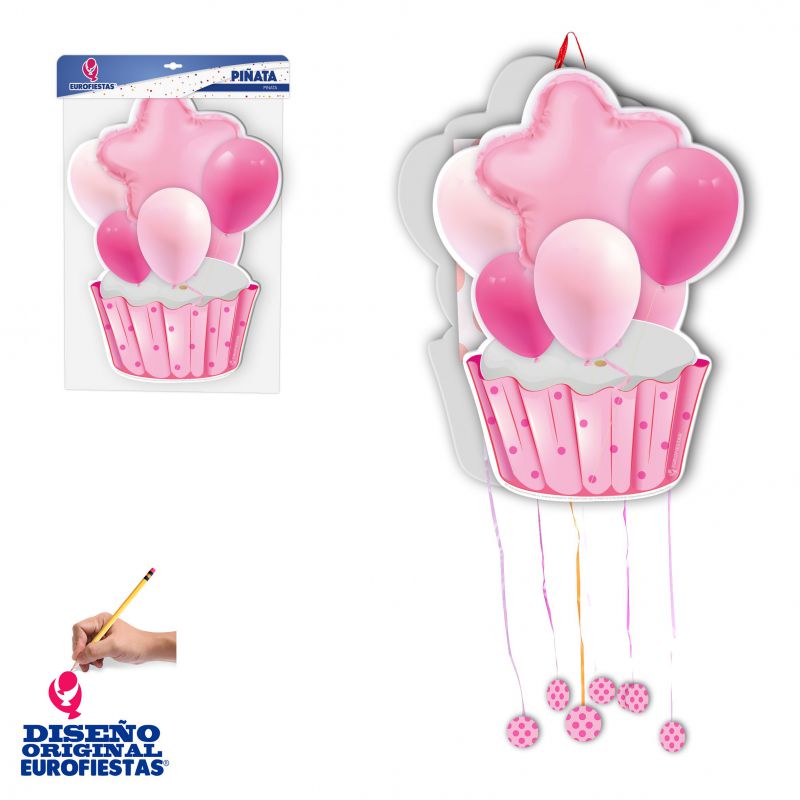 piñata cupcake rosa con globos