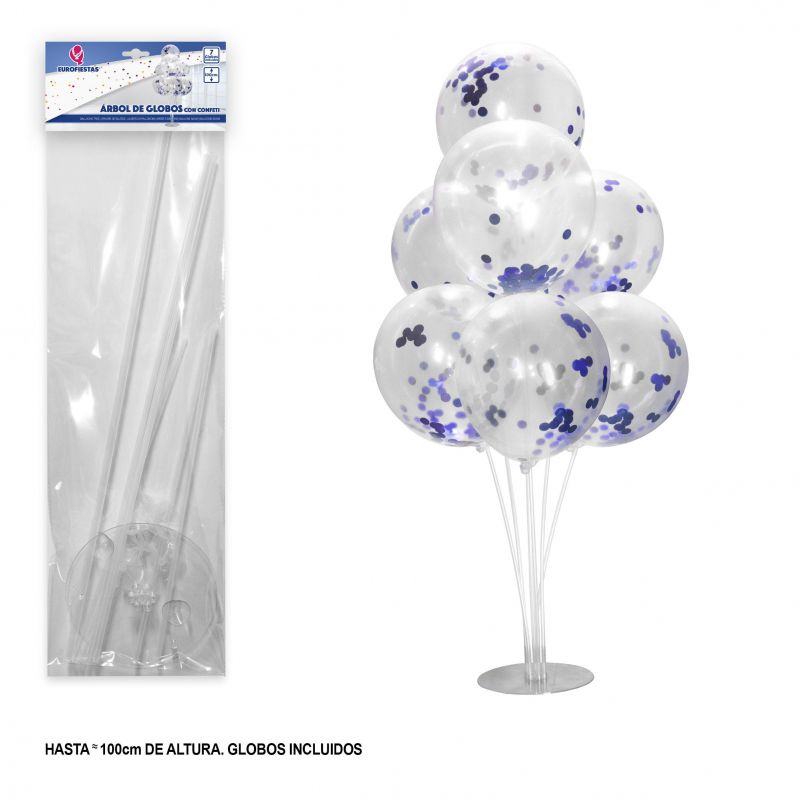arbol de globos con confeti azul